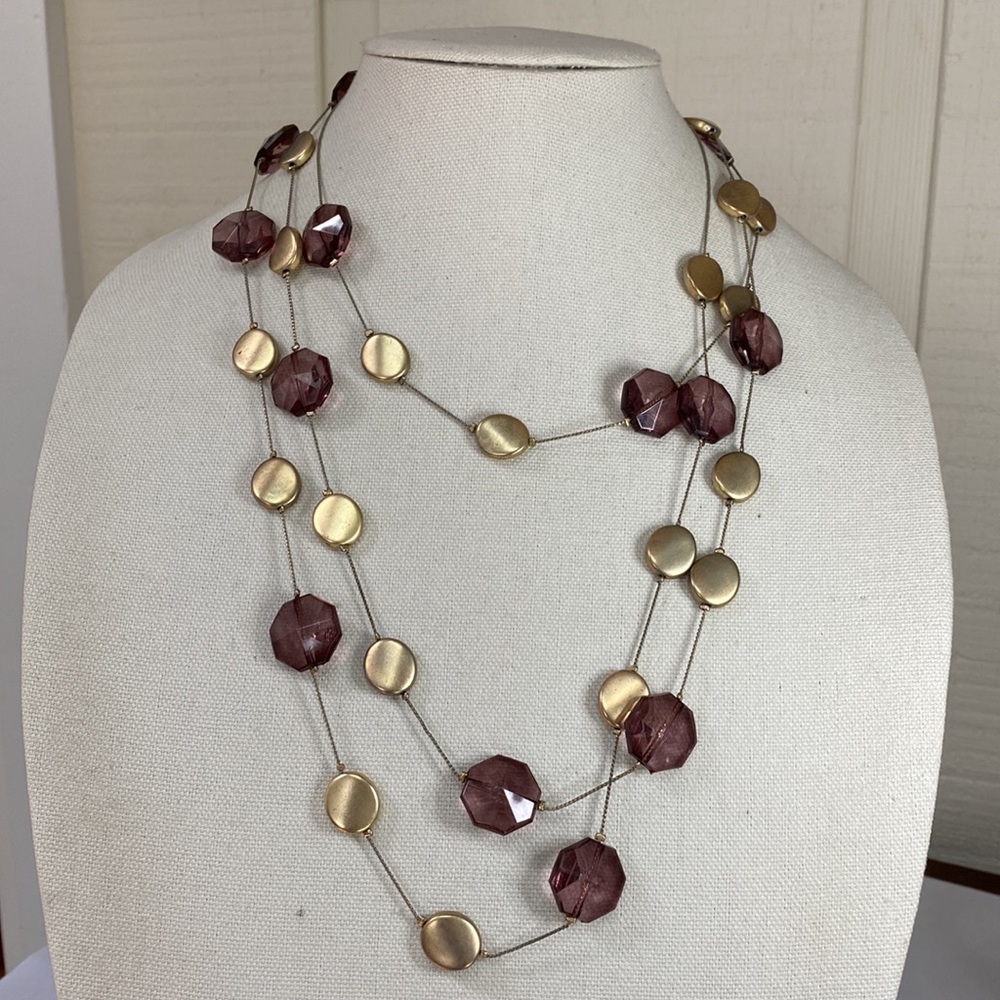 Long AF antiqued Goldtone and mauve bead necklace